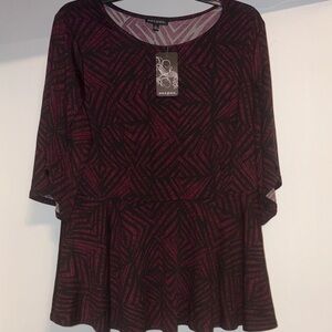 Ava & Grace Women's Black and Burgundy Patterned Blouse Size L